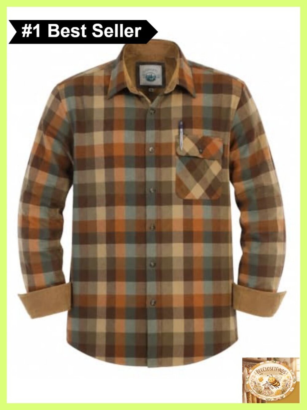 Brushed Cotton Flannel Button-Down Shirt Corduroy Contrast Long Sleeve